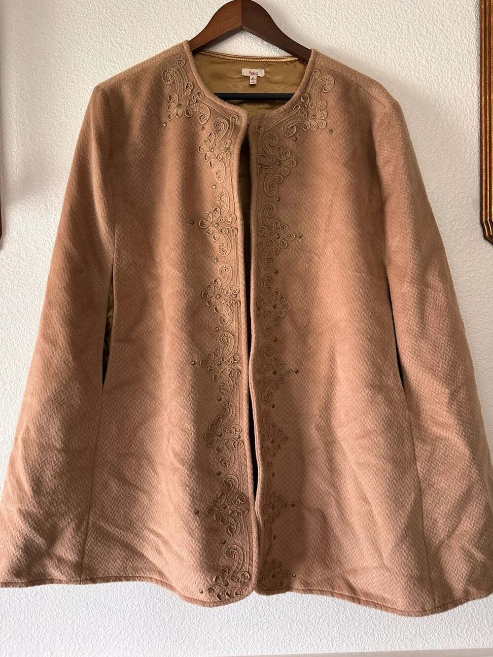 Reba Embroidered Cape Size XL Tan Wool Studded Cloak Coat